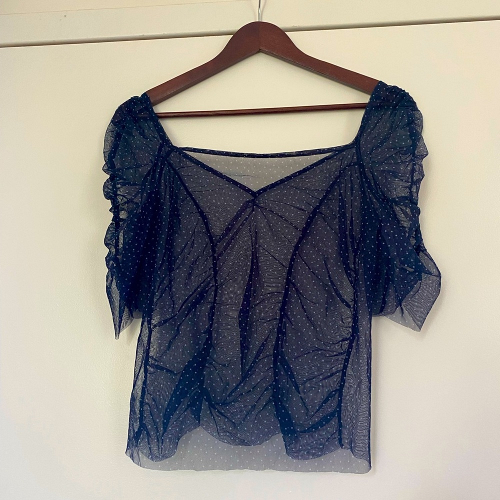 Navy Polka Dot Ruched Puff Sleeve Stretch Sheer Mesh Top No Tags Medium Coquette
